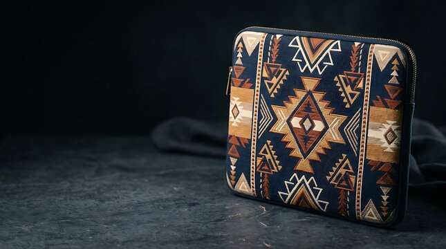 Laptop sleeve with ethnic geometric pattern on dark stone surface