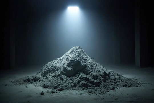A dramatic spotlight illuminates a fresh pile of wet concrete mix on a textured surface, showcasing construction material