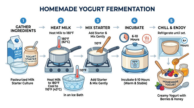 Step by step infographic guide for homemade yogurt fermentation process.