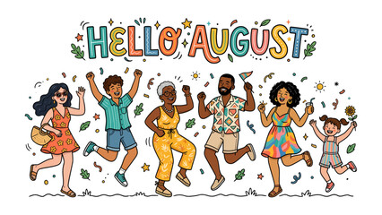Fototapeta premium Hello August Celebration: A vibrant illustration depicting a diverse group of people joyfully jumping and celebrating the arrival of August with festive decorations and confetti.