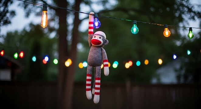 Sock monkey toy hanging from string lights outdoors evening ambiance