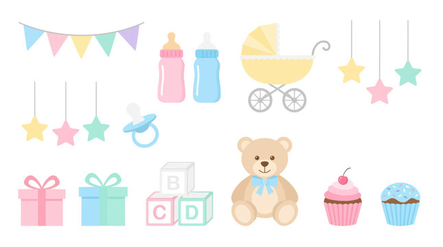 A festive baby shower scene with gifts, toys, and treats on display indoors.