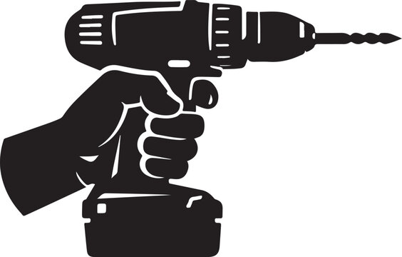 Hand holding power drill ready to use for construction and repair in monochrome silhouette vector 
