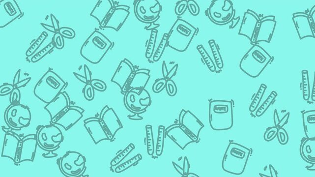Scattered handdrawn school supplies on a turquoise background. Ideal for educational materials, stationary designs, or backtoschool themes.