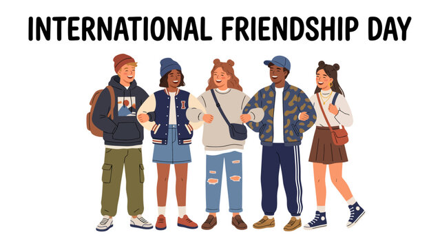 Celebrating Global Connections: A vibrant illustration for International Friendship Day depicts a diverse group of young friends, radiating happiness and unity as they stand together.