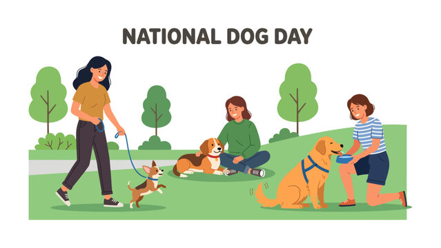 National Dog Day Celebration in Park: A vibrant illustration depicts a joyous National Dog Day celebration in a sunlit park.
