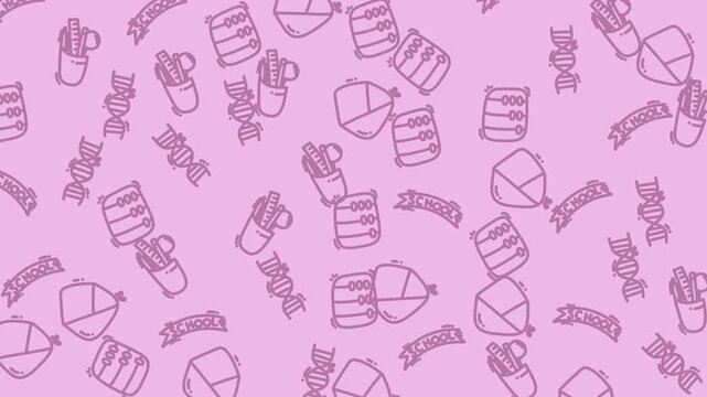 Pink background pattern with outlined school supplies like abacus, dna strands, and pencil cases. Perfect for educational designs and schoolrelated projects.