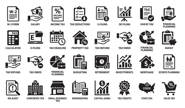 Financial Planning and Taxation Black Vector Icons Set Isolated