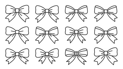 Pattern of twelve black outline gift ribbon bows with decoration celebration birthday decorative illustration celebrate collection greeting © VectorVibe Studio