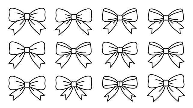 Pattern of twelve black outline gift ribbon bows with decoration celebration birthday decorative illustration celebrate collection greeting
