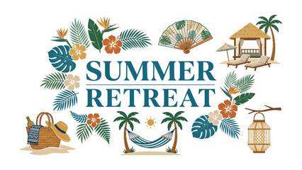 Summer Retreat Illustration: A vibrant illustration depicting a tropical summer retreat, featuring lush foliage, a hammock between palm trees, beach accessories, and the text SUMMER RETREAT. © Jannat