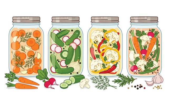 Set of glass jars with homemade pickled vegetables and fresh ingredients.