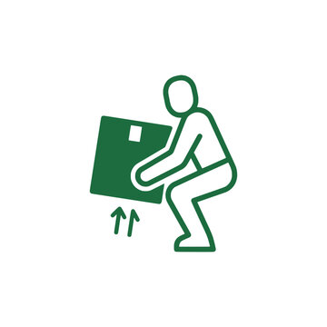 Person lifting a heavy box icon, back safety, correct posture, delivery, logistics, moving, storage