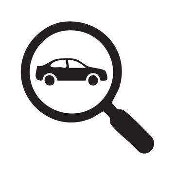 Magnifying glass icon with car silhouette representing vehicle inspection or car search concept