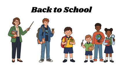Back to School Characters: A teacher stands with students of various ages, holding books and art supplies, ready to start the new academic year. © Rahimatul