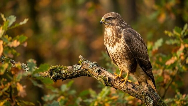 common buzzard on tree branch in scottish highlands golden light close up video