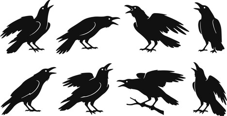 Fototapeta premium Collection of black silhouette crow illustrations in various poses