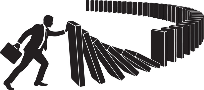 Businessman in suit pushing dominoes in a circular motion falling down