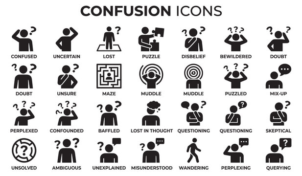 Confused People Black Silhouette Icons Set Representing Doubt and Uncertainty, Isolated on White Vector