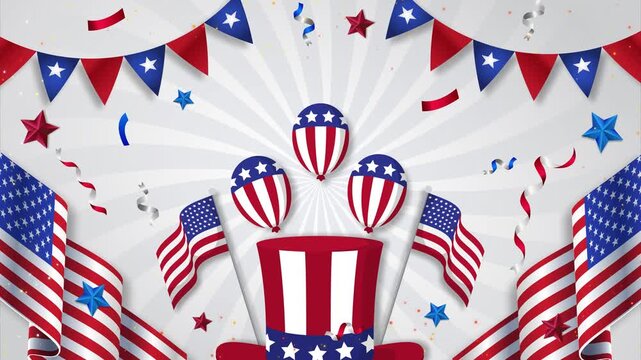 Red, white, and blue patriotic elements fill the scene. Flags, hats, balloons, and bunting decorate the background. Confetti and stars add festive motion and energy