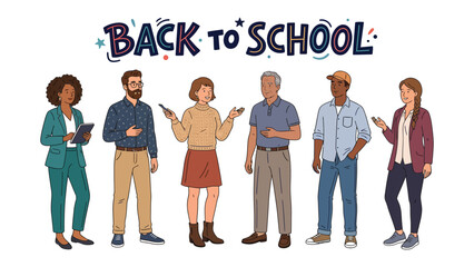 Back to School Team: A diverse group of teachers stands together, ready to inspire and educate, with BACK TO SCHOOL creatively displayed above them. © Rokaiya