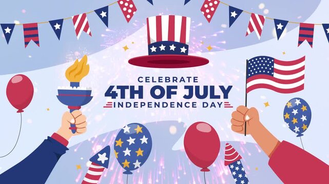 Celebrate America's independence with festive visuals. Hands hold flags, torches, and balloons in joyful celebration. Red, white, and blue balloons float above a starry sky
