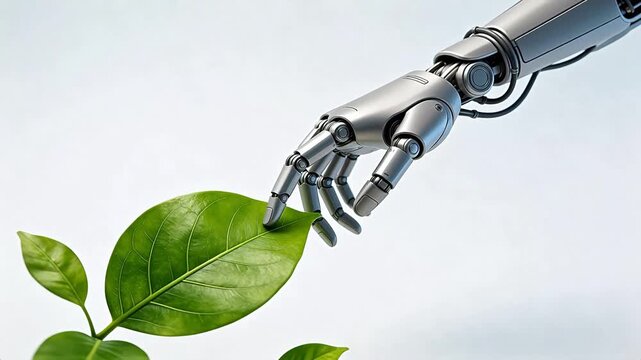 Robot hand touching green leaf