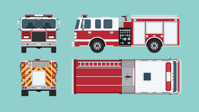 Fire truck set in side, front, rear, and top views with pumper engine design for firefighting, emergency response, and rescue operation, flat vector illustration