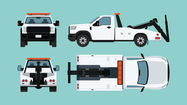 Wheel lift tow truck set in side, front, rear, and top views with recovery equipment for vehicle towing and roadside assistance, flat vector illustration