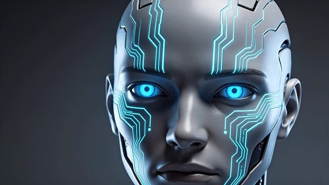 Futuristic robot head with glowing circuits