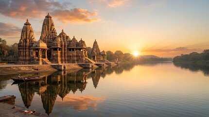 Fototapeta premium Golden sunrise over an ancient temple complex by the river