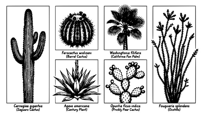 Cactus Botanicals Set with Labeled Species Illustrations, Black Ink Linework and Decorative Vintage Style for Education