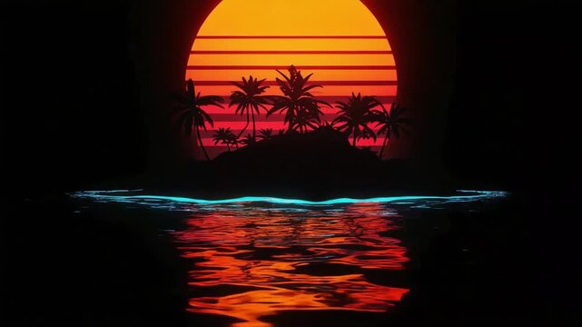 Tropical island silhouette with vibrant sunset reflections creates a mesmerizing synthwave aesthetic in this high quality digital motion video animation