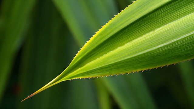 Close up view of a spiky green screwpine leaf tip