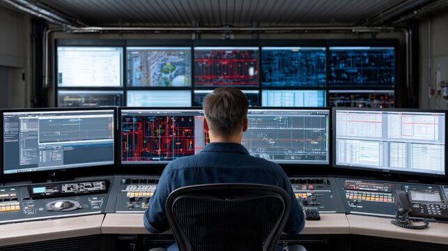 Operator in Digital Control Room with Monitoring Systems for LNG