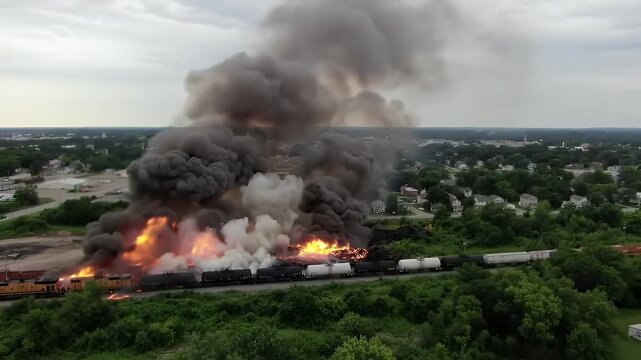 A train is engulfed in flames and smoke as it derails in a residential area.