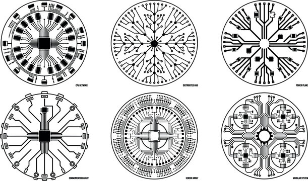 Circular Electronic Circuit Board Mandala Set with Black and White Technology Schematics, Geometric Microchip Processors, and Futuristic High Tech Infrastructure Vector Patterns