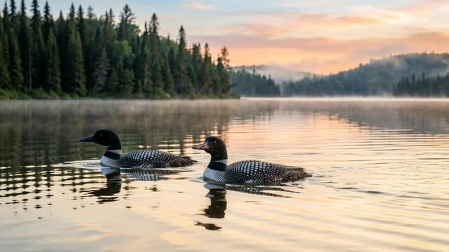 two common loon birds on lake superior usa morning light beautiful close up video