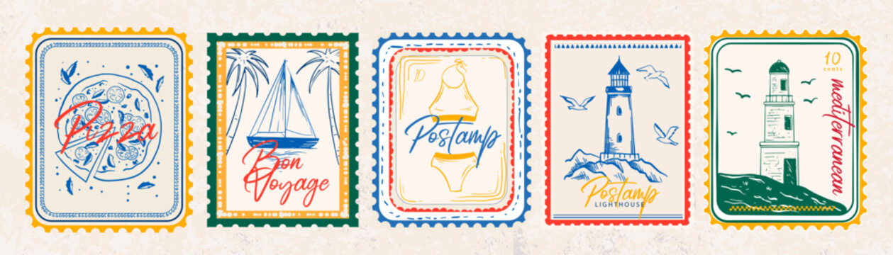 Hand drawn fun and colorful summer stamp collection with text. Mediterranean vacation in doodle style. Postage or emblem vector design illustrations.