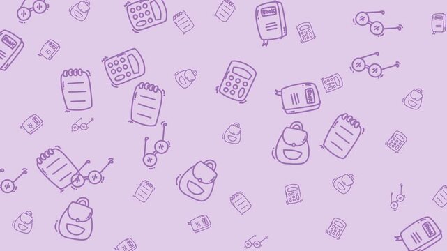 Doodles of backpacks, notebooks, calculators, glasses on a purple background perfect for backtoschool designs, stationery, and office themes.