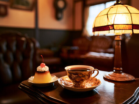 A Moment of Sweet Indulgence: A creamy custard pudding adorned with a cherry and whipped cream sits beside a steaming cup of coffee on a polished wooden table, bathed in the warm.