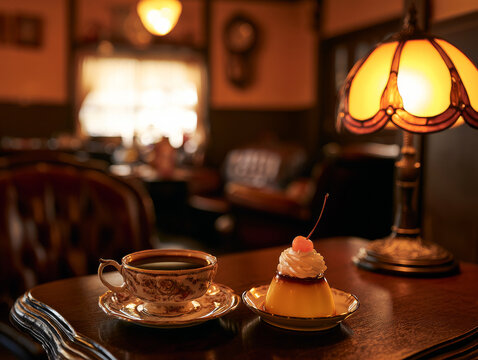 Cozy Cafe Delight: A steaming cup of rich black coffee sits beside a delectable custard pudding, adorned with whipped cream and a cherry, set on a wooden table in a warmly lit, vintage-style cafe.