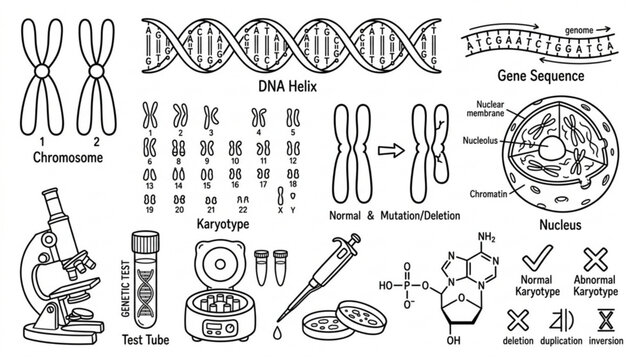 Medical Chromosome and Genetics Outline Vector Pack &ndash; Karyotype, DNA Structure, and Laboratory Science