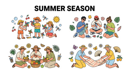 Fototapeta premium Summer Season Fun: A collection of four charming illustrations depicting joyful activities during the summer season, featuring children playing with pinwheels, people enjoying drinks and snacks.
