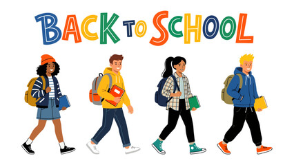 Fototapeta premium Back to School Parade: Diverse group of school children, each with backpack and book, walk with purpose and excitement under the colorful Back to School banner, ready for a new academic year.