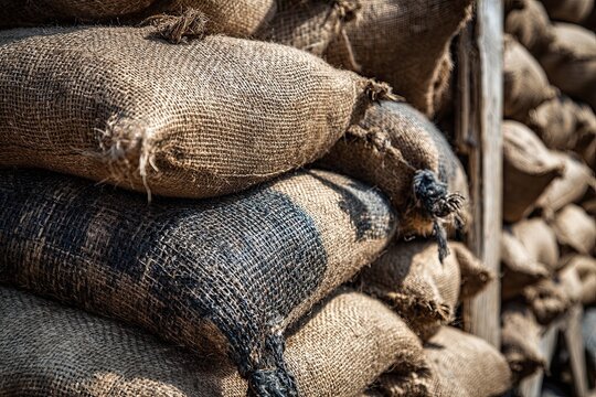 A Sturdy Pile of Woven Burlap Sandbags Stacked Outdoors Ready for Storage or Protection
