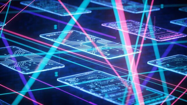 Advanced transparent electronic devices processing data streams through glowing neon laser lights