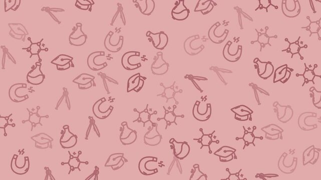 Suitable for graduationthemed designs, educational materials, stationery, or fabric prints. Playful pattern with various elements on a soft pink backdrop.