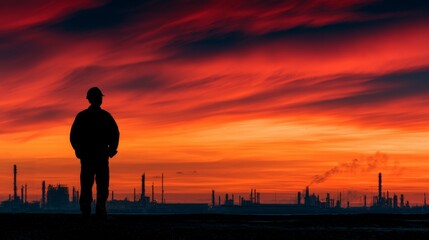 Fototapeta premium Industrial Worker Standing at Sunset Near a Refinery Landscape