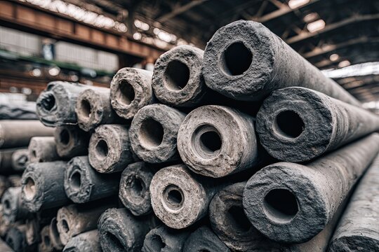 A tightly packed pile of various sized electrical conduit pipes, showcasing industrial construction materials in a factory setting.